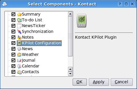 Окно выбора компонентов Kontact